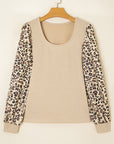 Leopard Patchwork Sleeve Ribbed Knit Scoop Neck Top