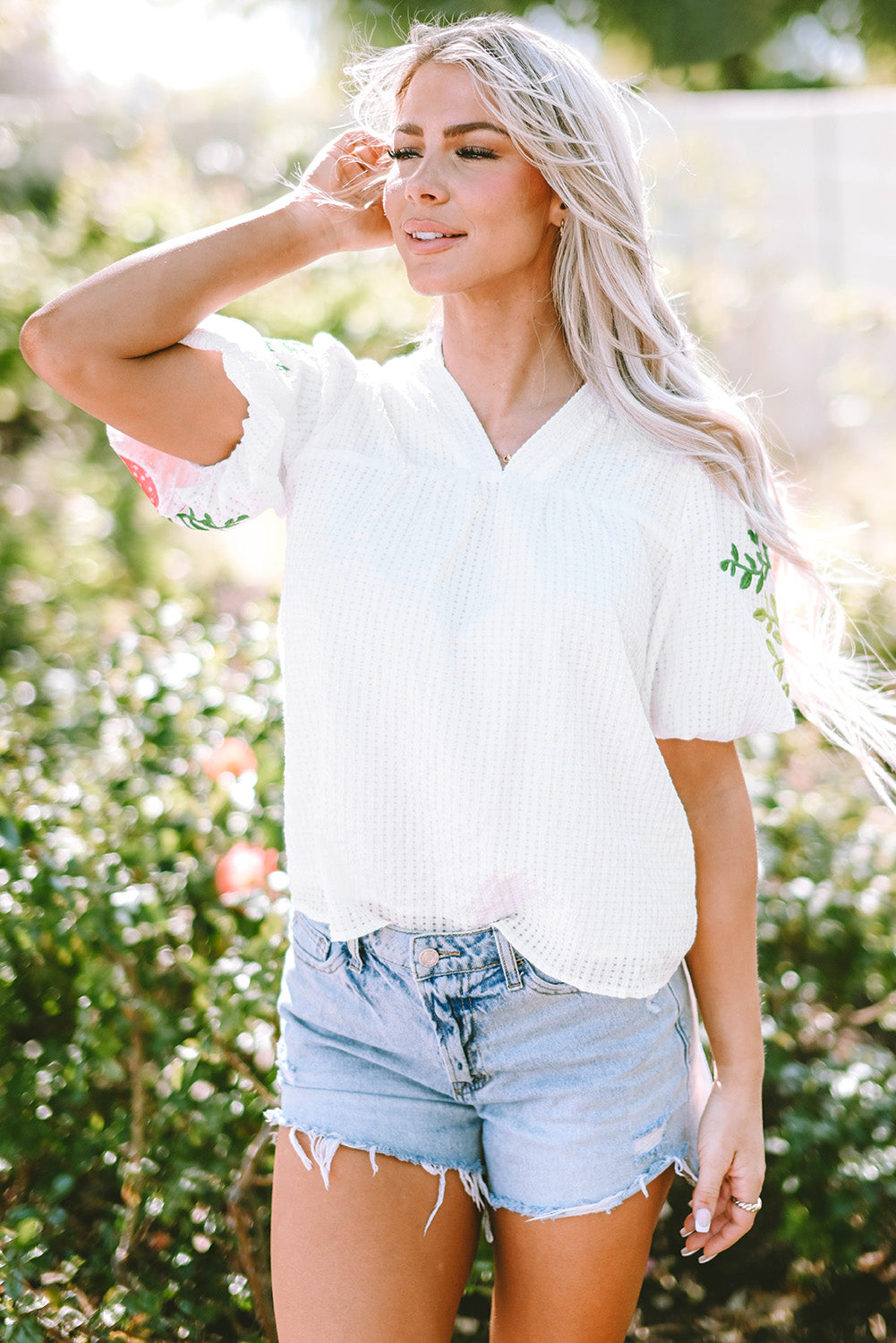 Priscilla Embroidered Puff Sleeve Notched Neck Blouse