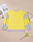 Yellow Striped Color Block Patchwork Crewneck Plus Size Pullover Sweatshirt