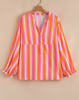 Plus Size Stripe Crinkled Half-Button V-Neck Blouse