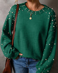 Solid Pearl Drop Shoulder Round Neck Sweater
