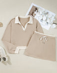 Colorblock Raw Edge Pullover and Drawstring Skirt Set