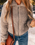 Solid Zip-Up Pocketed Fuzzy Jacket