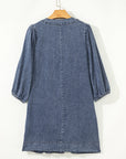 Denim 3/4 Sleeve Tied V-Neck Pleated Mini Dress