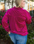 Plus Size Velvet Button-Up Pocketed Drop Shoulder Shirt