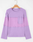 Colorblock Waffle Knit Patchwork Long Sleeve Top