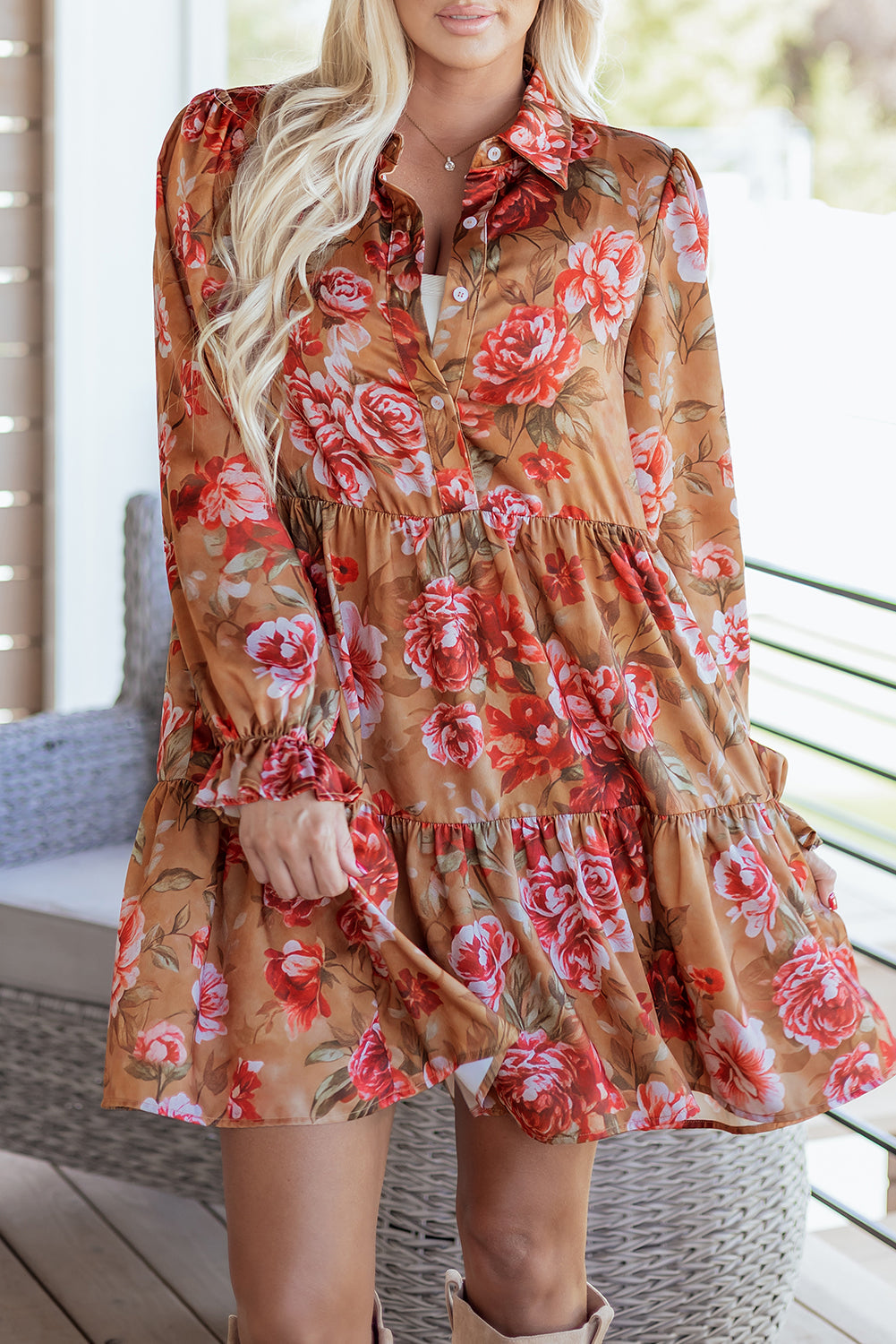 Floral Half-Button Long Sleeve Ruffle Mini Dress