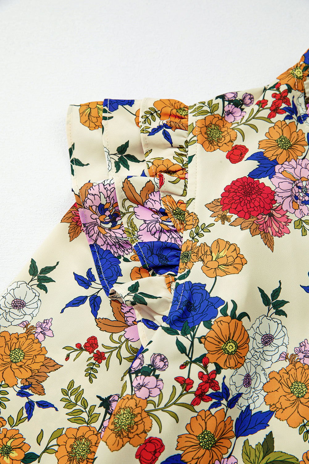 Apricot Ruffled Shoulder Long Sleeve Floral Blouse