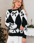 Bow Colorblock Rhombus Drop Shoulder Sweater