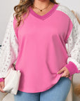 Bonbon Lace Striped Patchwork Long Sleeve Corded V Neck Plus Size Top