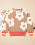 Flower Colorblock Contrast Stripe Baggy Sweater