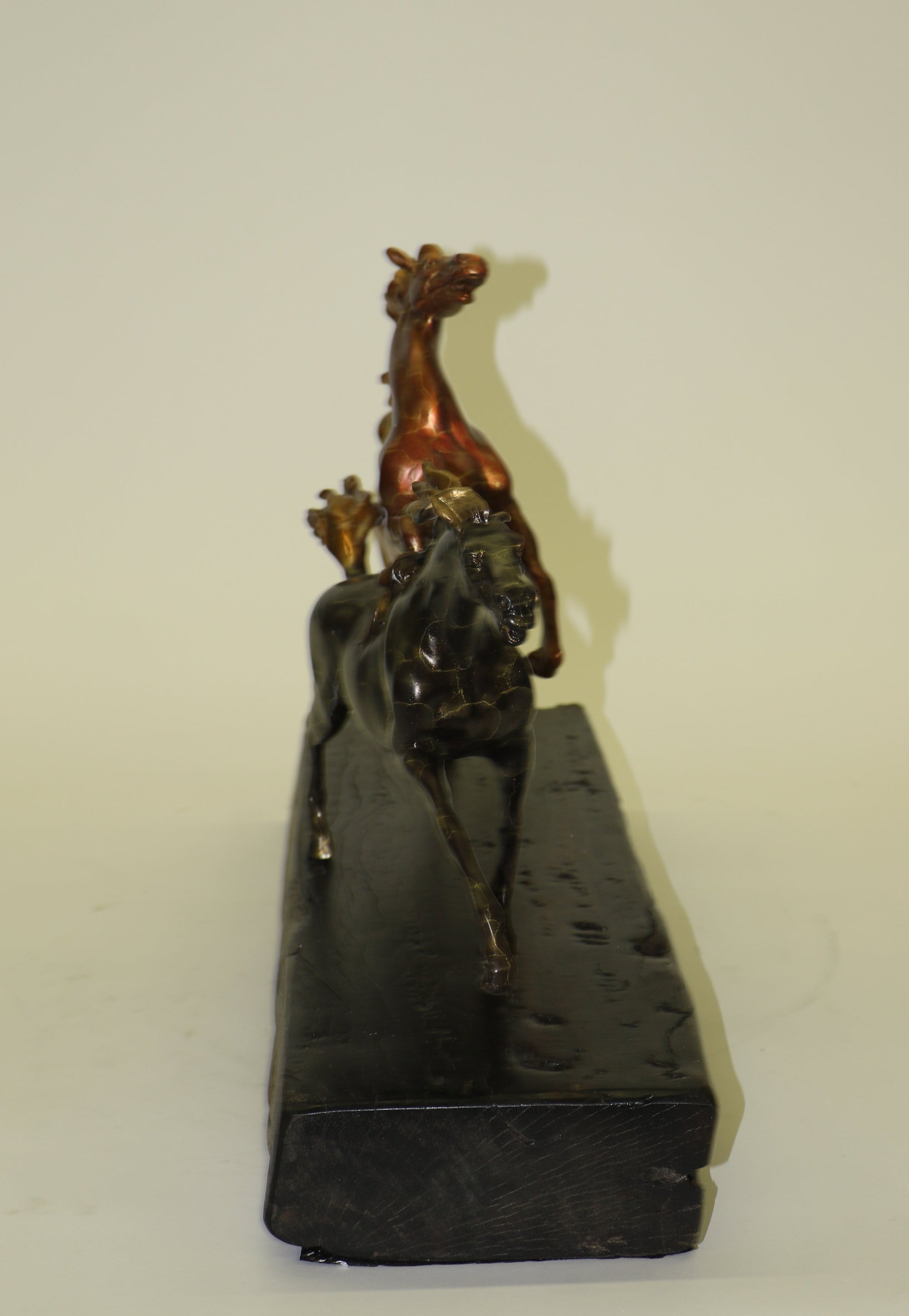 Extra Large Two Racing Horses Stallion on Natural Wood Bronze Sculpture Statue