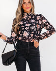 Floral Mesh Mock Neck Long Sleeve Top