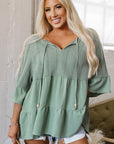 Ensley Tie Split Neck Textured Ruffle Patchwork Blouse
