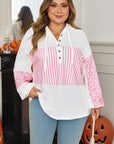 Plus Size Stripe Leopard Patchwork Waffle Knit Buttoned Hoodie