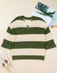 Plus Size Stripe Colorblock Notched Neck Sweater