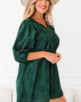 Solid Embroidered Eyelet 3/4 Sleeve Mini Dress