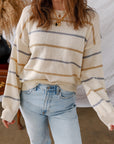 Stripe Ribbed Trim Drop Shoulder Sweater