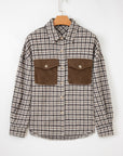 Plaid Corduroy Patchwork Pocketed Button-Up Shacket