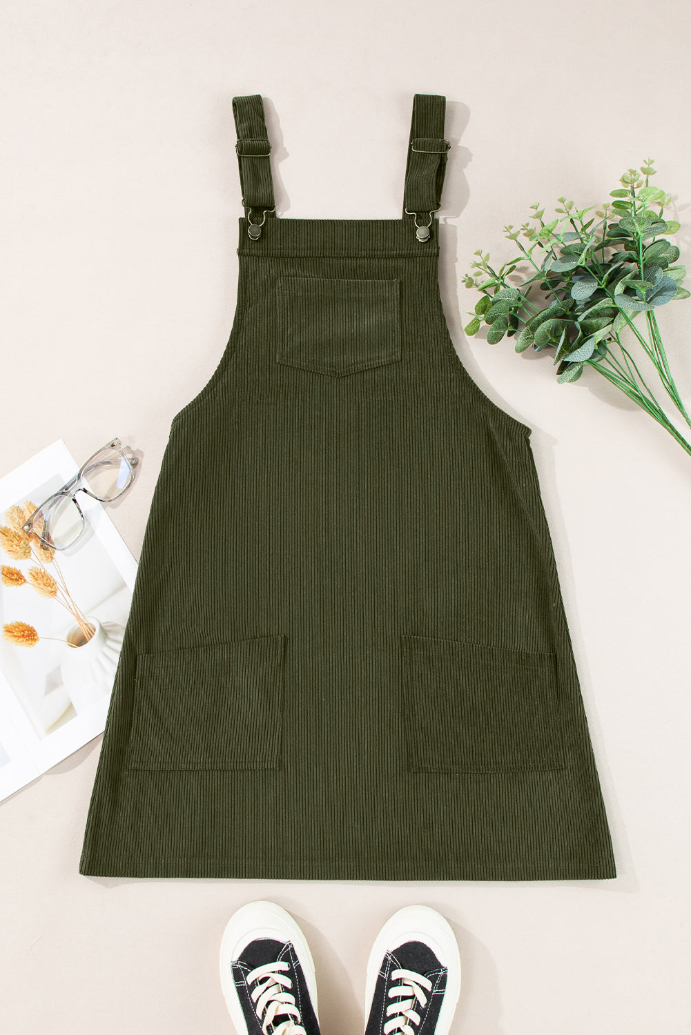 Solid Corduroy Front Pocket Sleeveless Overall Dress