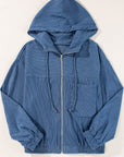 Solid Corduroy Zip-Up Pocketed Hooded Jacket