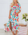Sky Floral Knot Puff Sleeve Buttoned Front Maxi Dress