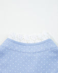 Dotted Denim Lace Trim Collared V-Neck Blouse
