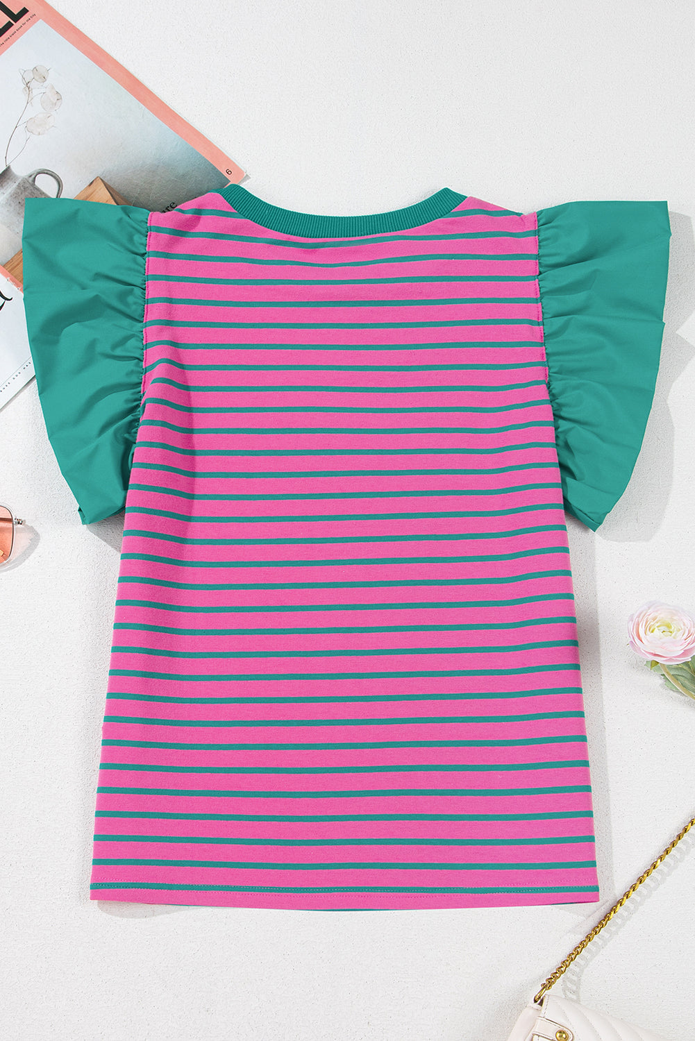 Adrianna Stripe Ruffled Sleeve Crew Neck Blouse