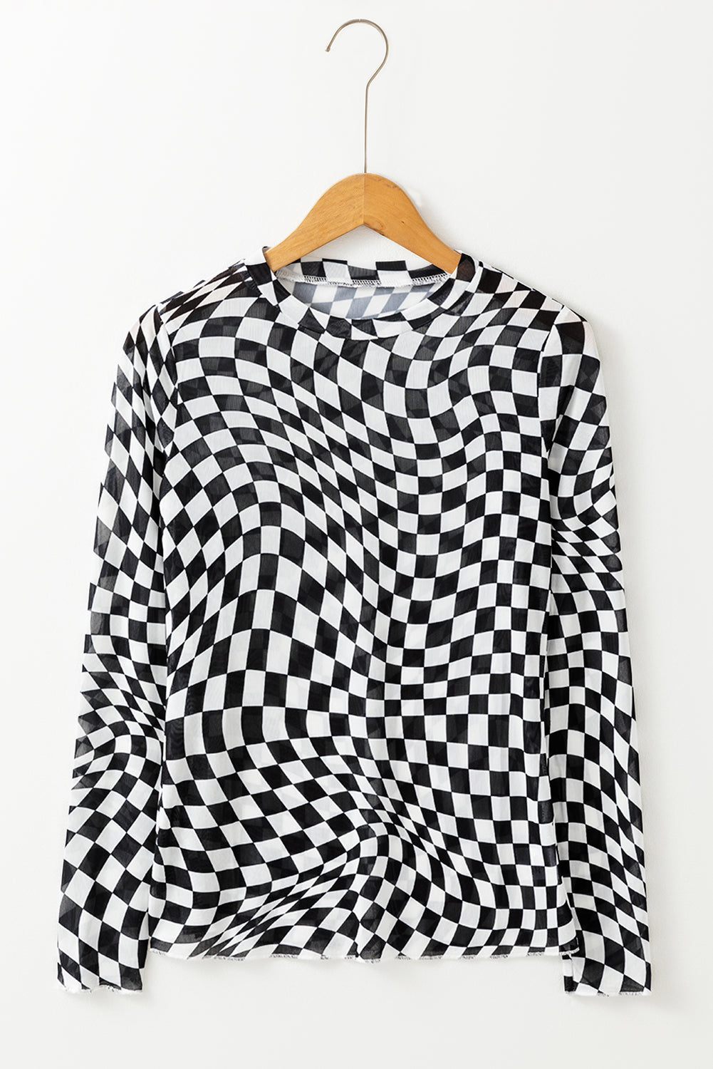 Checkered Pattern Mesh Long Sleeve Top