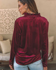 Gwynn Frilled Neck Buttoned Front Velvet Top