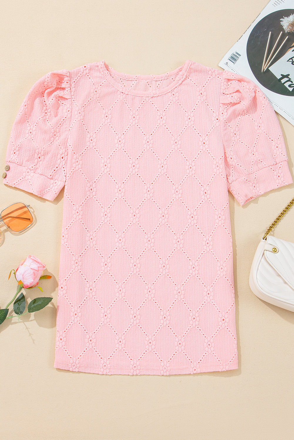 Scarlet Flower Textured Short Sleeve Top