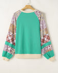Sky Blue Plus Size Plaid Floral Patchwork Raglan Sleeve Sweatshirt