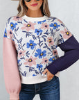 Floral Panel Colorblock Sleeve Crewneck Sweater