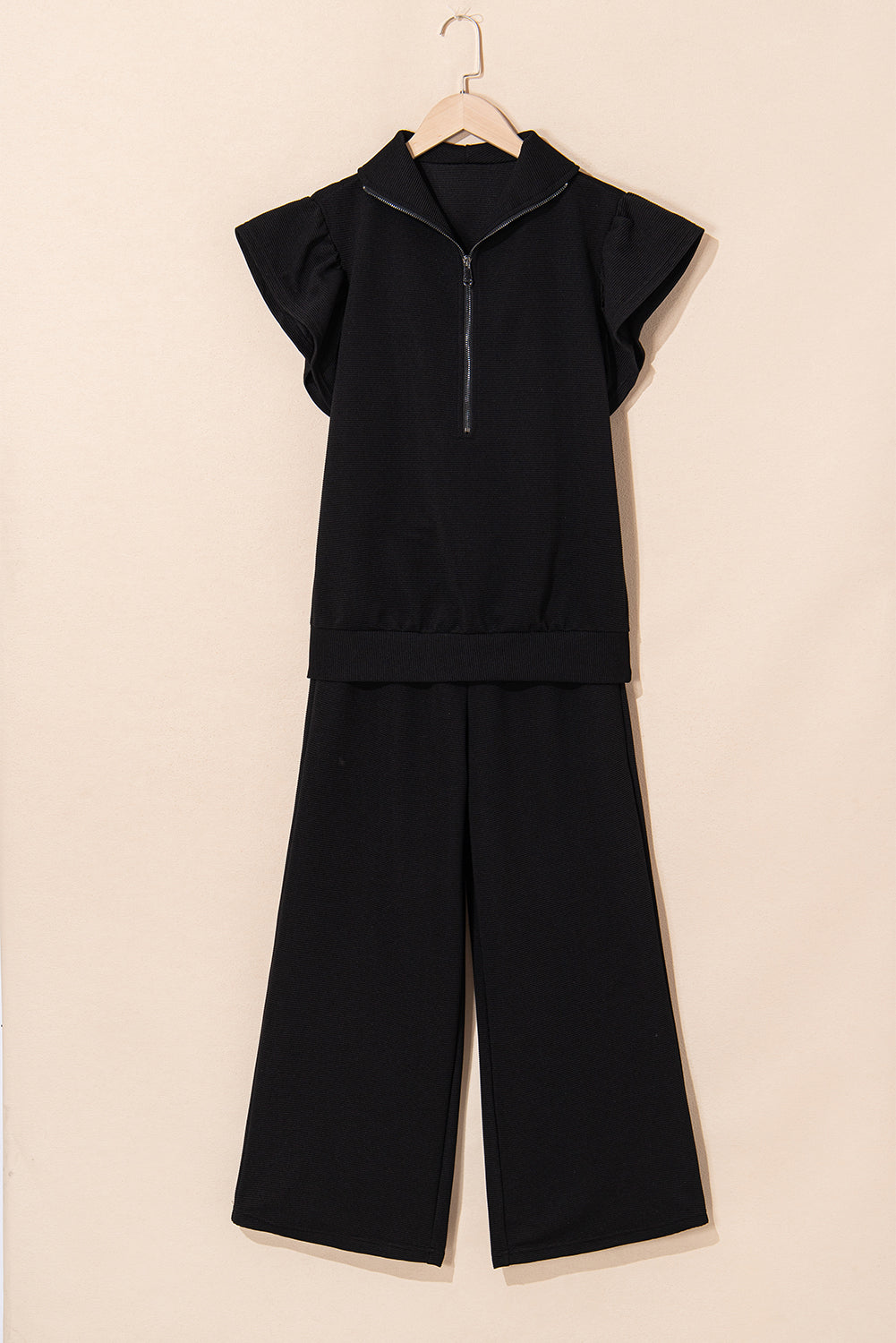 Textured Ruffle Sleeve Zipped Top and Wide Leg Pants Set