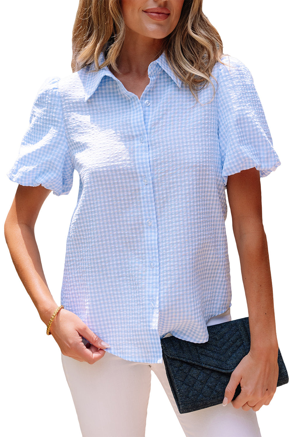 Gingham Puff Sleeve Buttoned Shirt