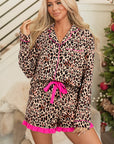 Leopard Contrast Trim Shirt and Ruffle Hem Short Set
