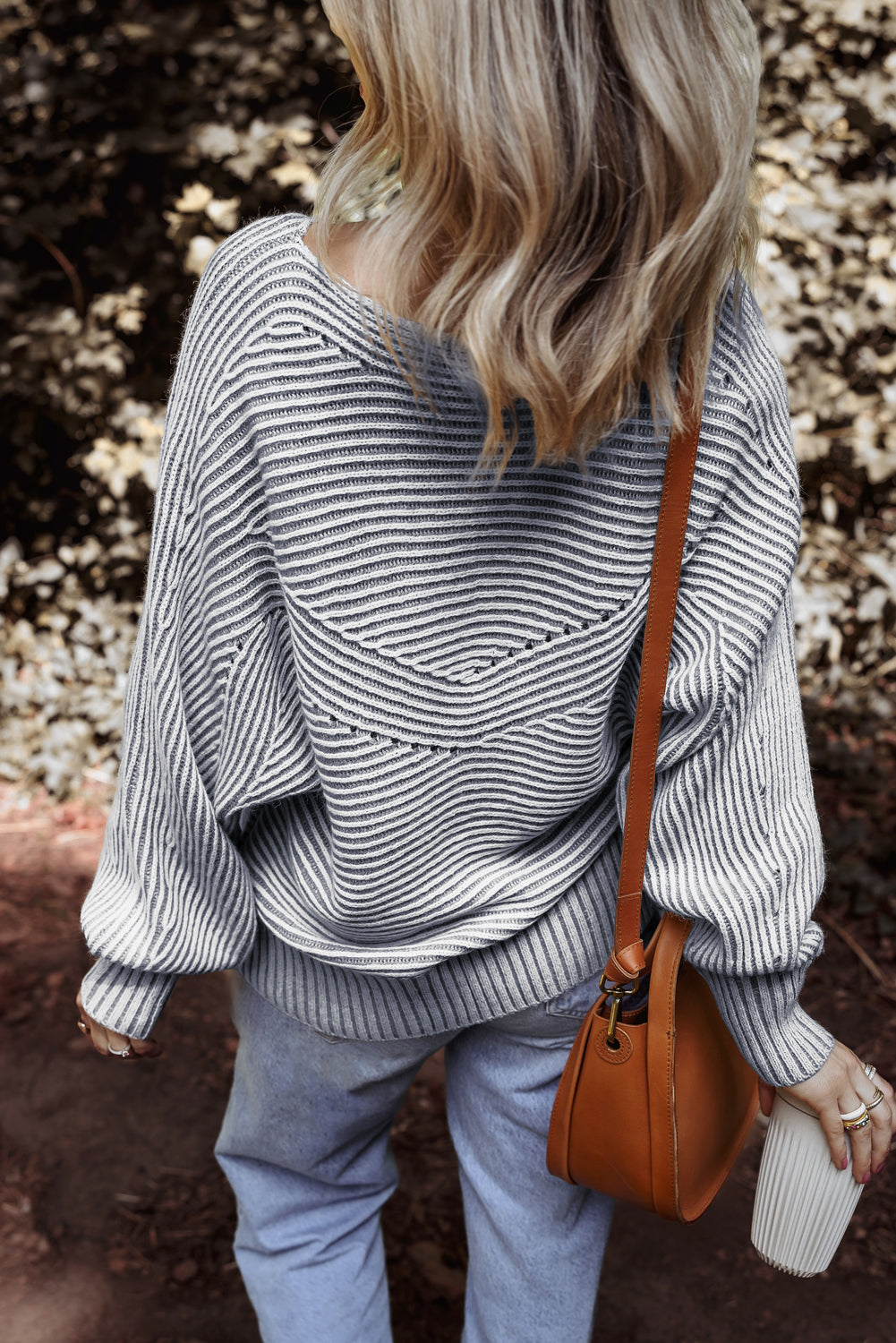 Stripe Ribbed Knit Boat Neck Sweater