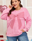 Plus Size Waffle Bowknot Patchwork Mineral Wash Sweatshirt