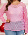 Plus Size Bow Embroidered Long Sleeve Mesh Top