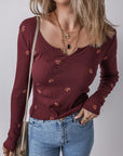 Floral Ribbed Notched Neck Long Sleeve Top