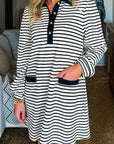 Stripe Collared Pocketed Long Sleeve T-Shirt Dress