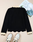 Colorblock Scallop Trim Long Sleeve Collared Top