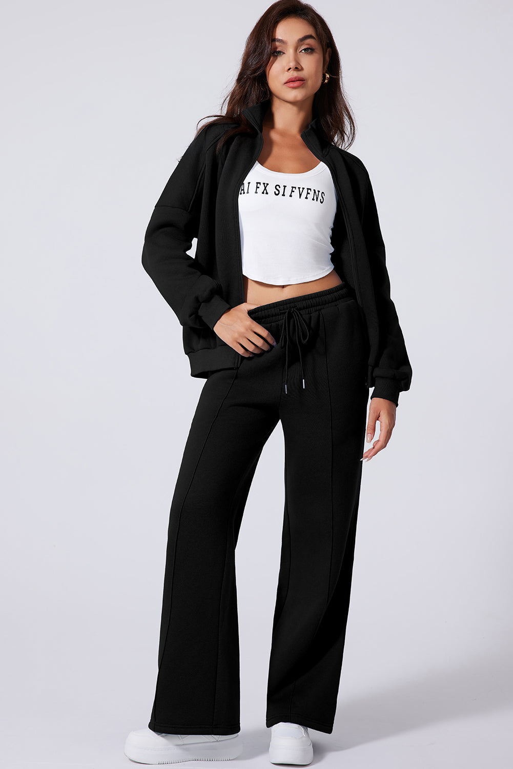 Solid Zip-Up Jacket and Drawstring Pants Set