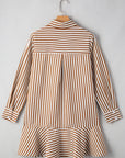 Stripe Ruffle Hem Collared Long Sleeve Shirt Mini Dress