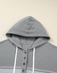 Plus Size Stripe Patchwork Waffle Half-Button Hooded Top