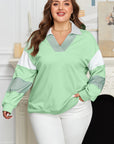 Moonlight Jade Color Block Striped Patchwork Collar V Neck Plus Size Sweatshirt