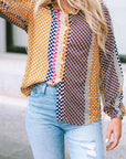 Brown Dot Print Long Sleeve Button Down Shift PLUS Shirt