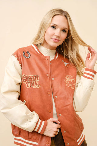 FAUX LEATHER WESTERN EMBROIDERED BOMBER | JACKET