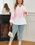 Pink Stripe Leopard Patchwork Waffle Knit Buttoned Plus Size Hoodie