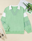 Moonlight Jade Color Block Striped Patchwork Collar V Neck Plus Size Sweatshirt